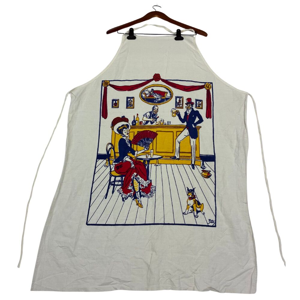 Vintage Saloon Bar Scene Apron Western Victorian Woman Man Dog Cotton Look